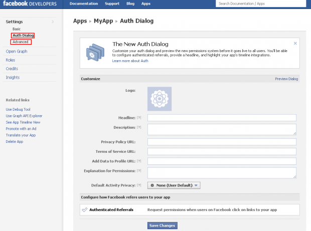 Facebook Auth Dialog και Advanced ρυθμίσεις
